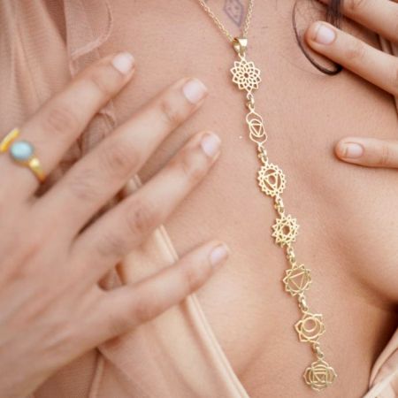 Bar Seven Chakra Charms necklace, Brass 22k gold plated, Handmade jewelry